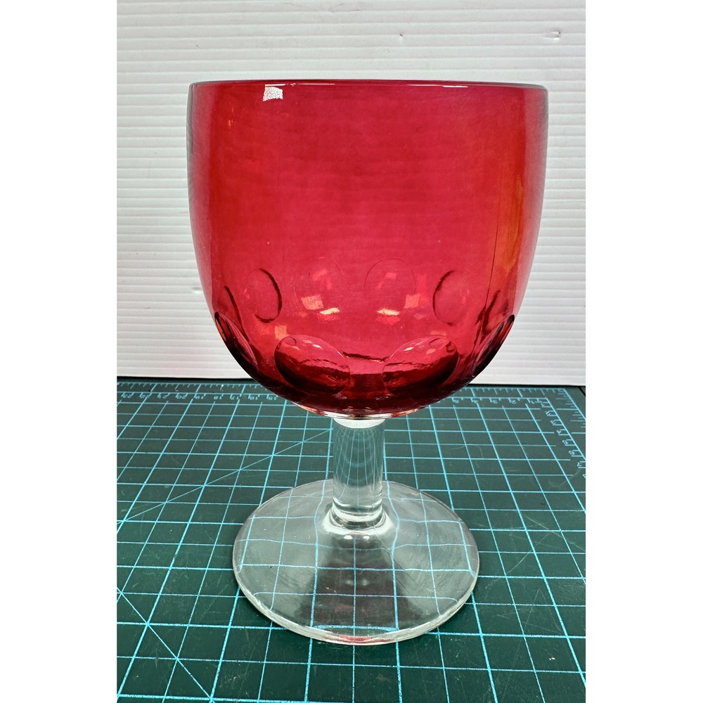 Vintage Ruby Red Coin Dot Thumbprint Glass Goblet Clear Stem Water Wine Chalice